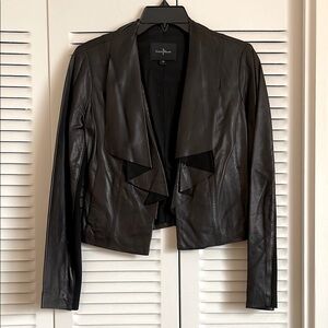 Cole Haan Black Leather Jacket Cropped Design and Feminine Ruffle Front Detail